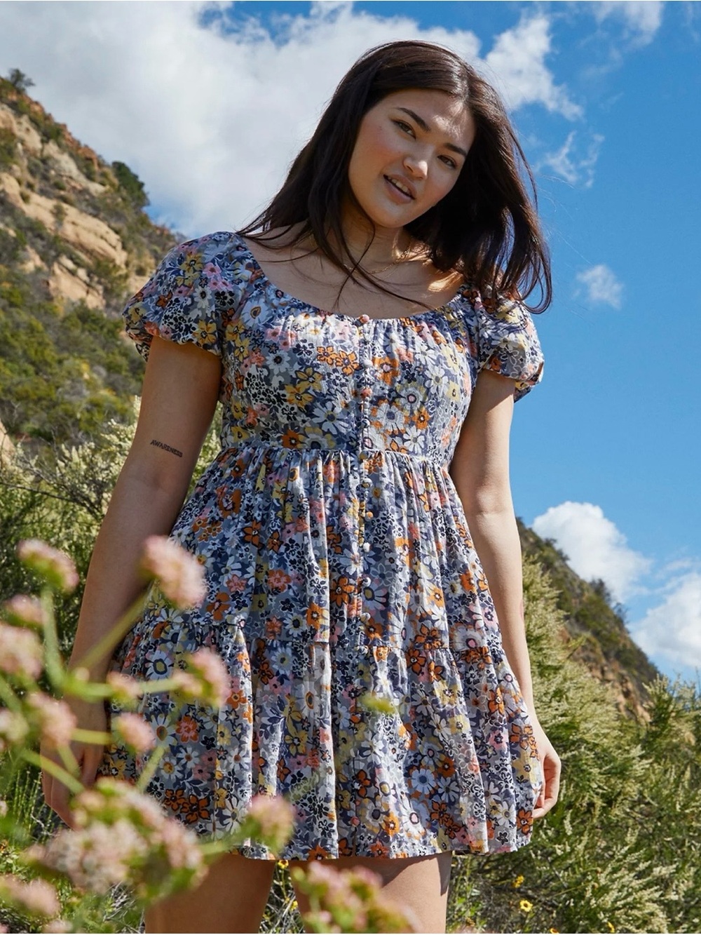 American Eagle Outfitters Blue Floral Puff-Sleeve 100% Cotton Mini Dress